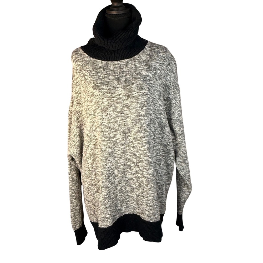 LL Bean Signature Women L Marled Turtleneck Sweater Cotton Linen Black White